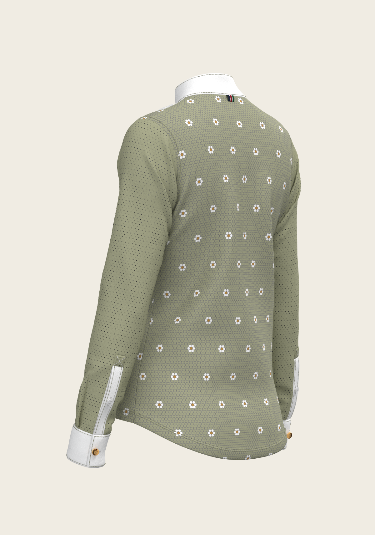 Espoir Long Sleeve Show Shirt, Mosaic Daises in Olive Short Pleated