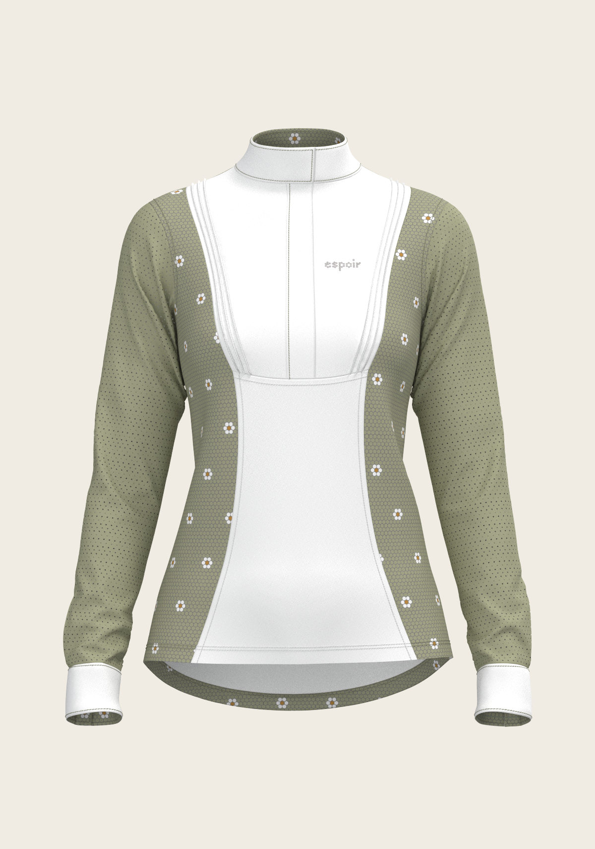 Espoir Long Sleeve Show Shirt, Mosaic Daises in Olive Short Pleated