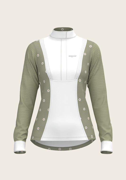 Espoir Long Sleeve Show Shirt, Mosaic Daises in Olive Short Pleated