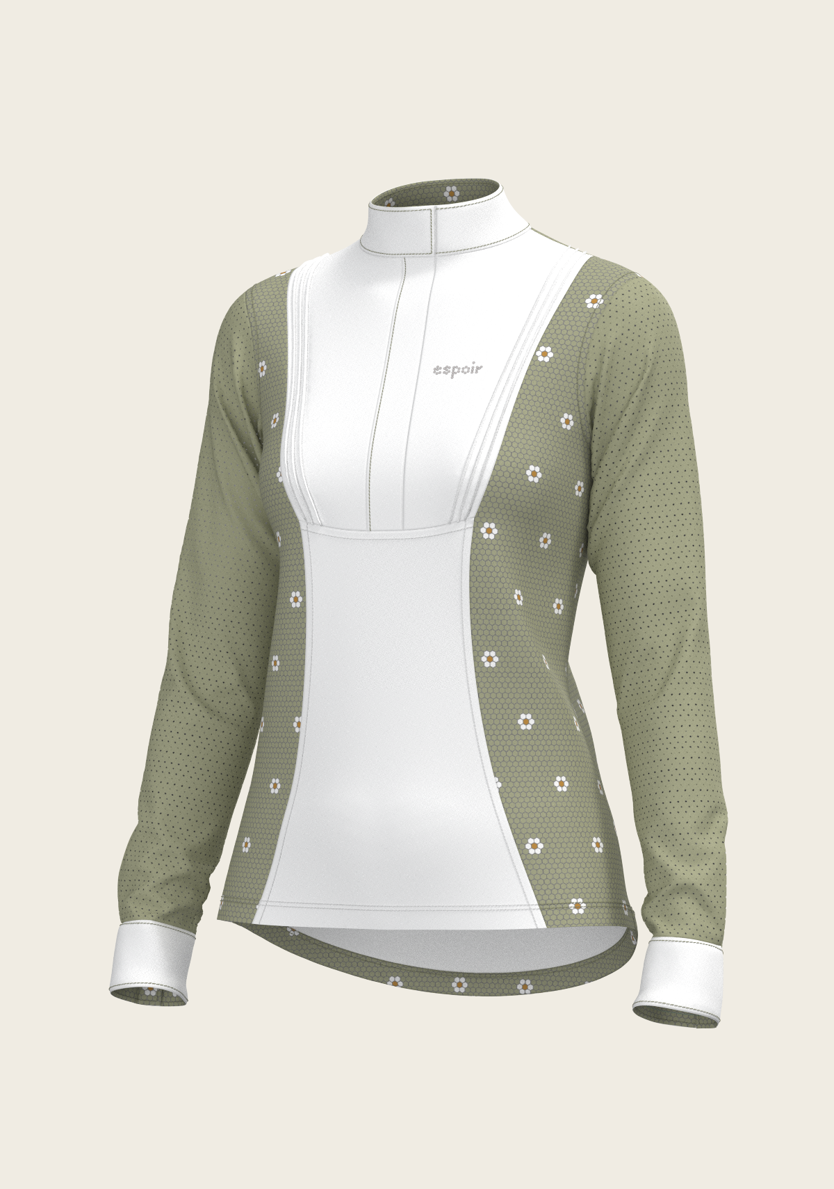 Espoir Long Sleeve Show Shirt, Mosaic Daises in Olive Short Pleated