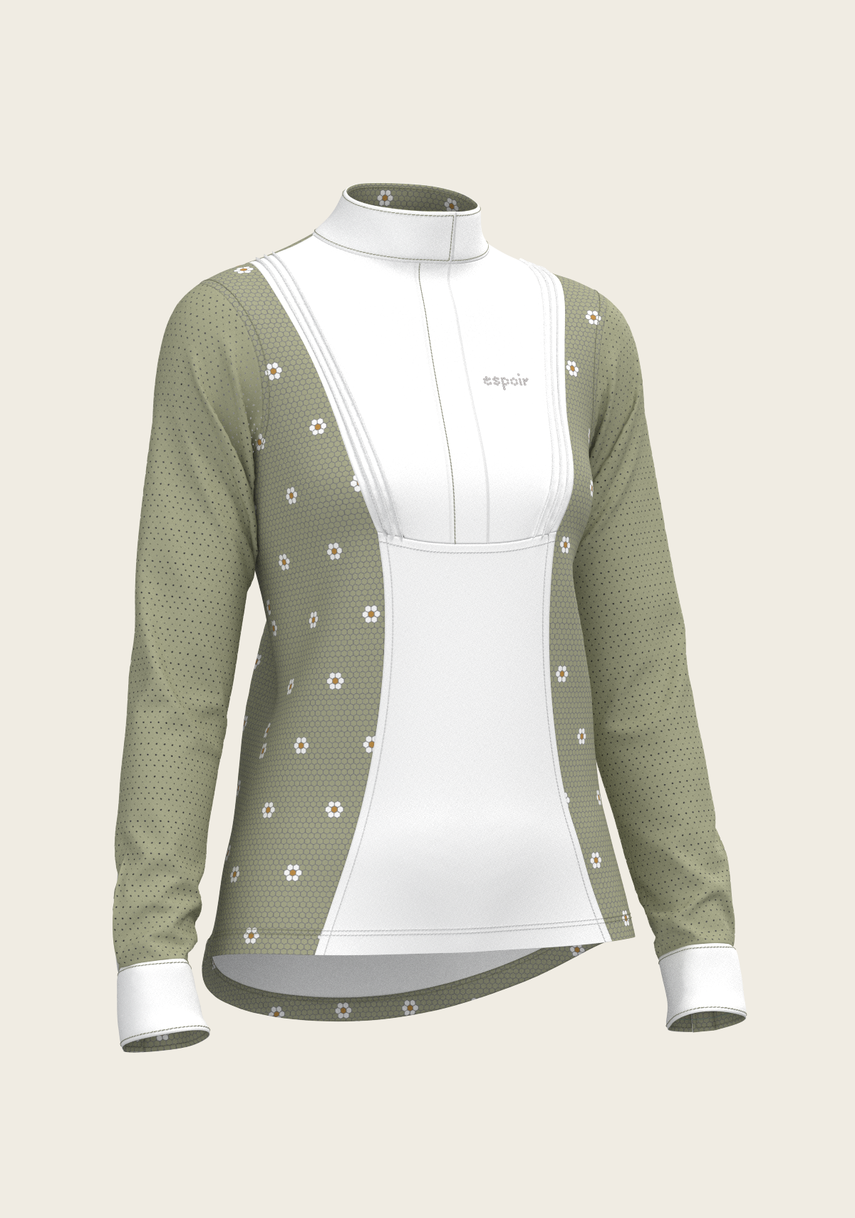 Espoir Long Sleeve Show Shirt, Mosaic Daises in Olive Short Pleated