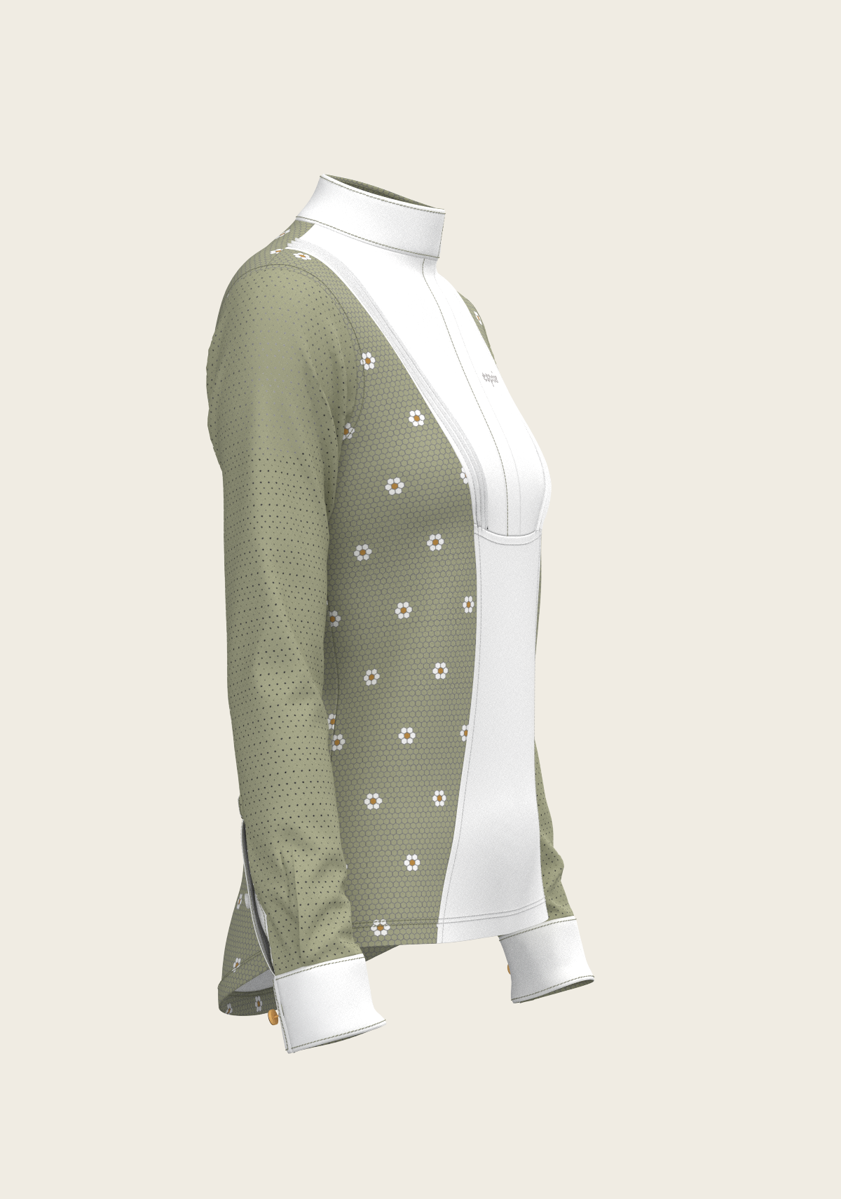 Espoir Long Sleeve Show Shirt, Mosaic Daises in Olive Short Pleated