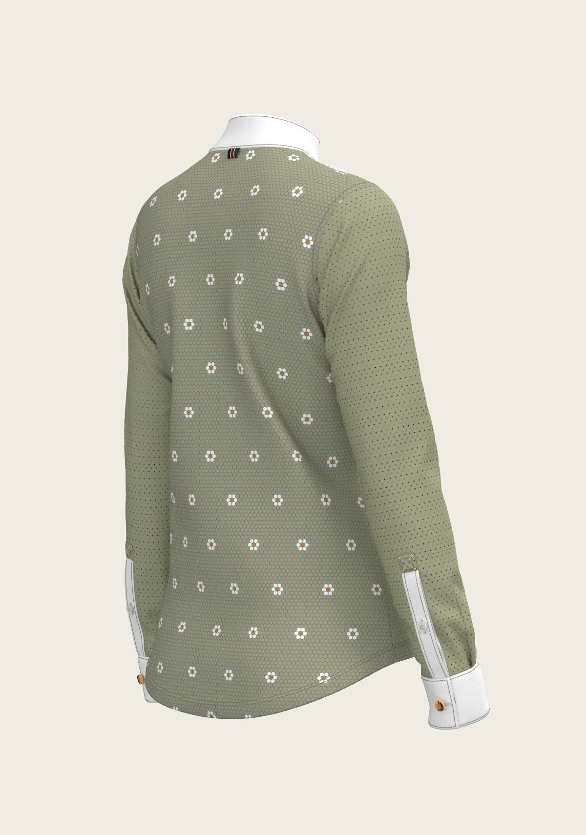 Espoir Long Sleeve Show Shirt, Mosaic Daises in Olive Short Pleated
