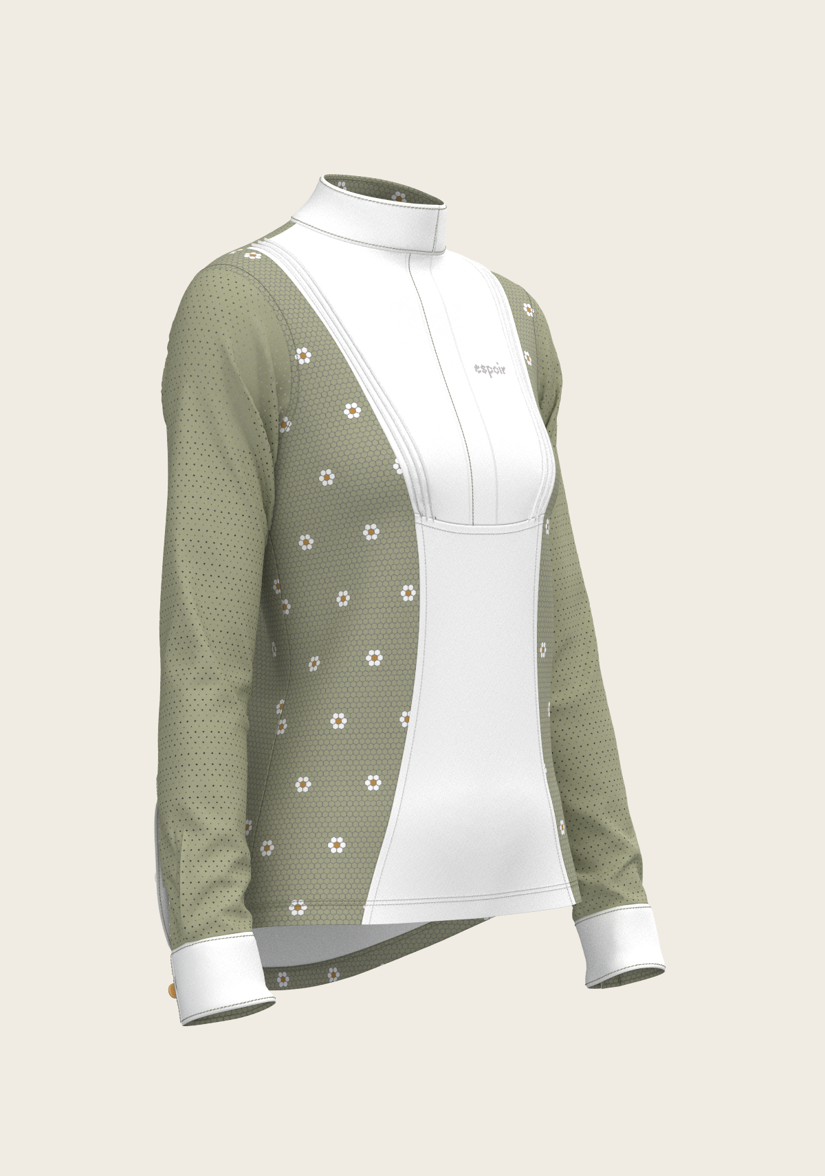 Espoir Long Sleeve Show Shirt, Mosaic Daises in Olive Short Pleated