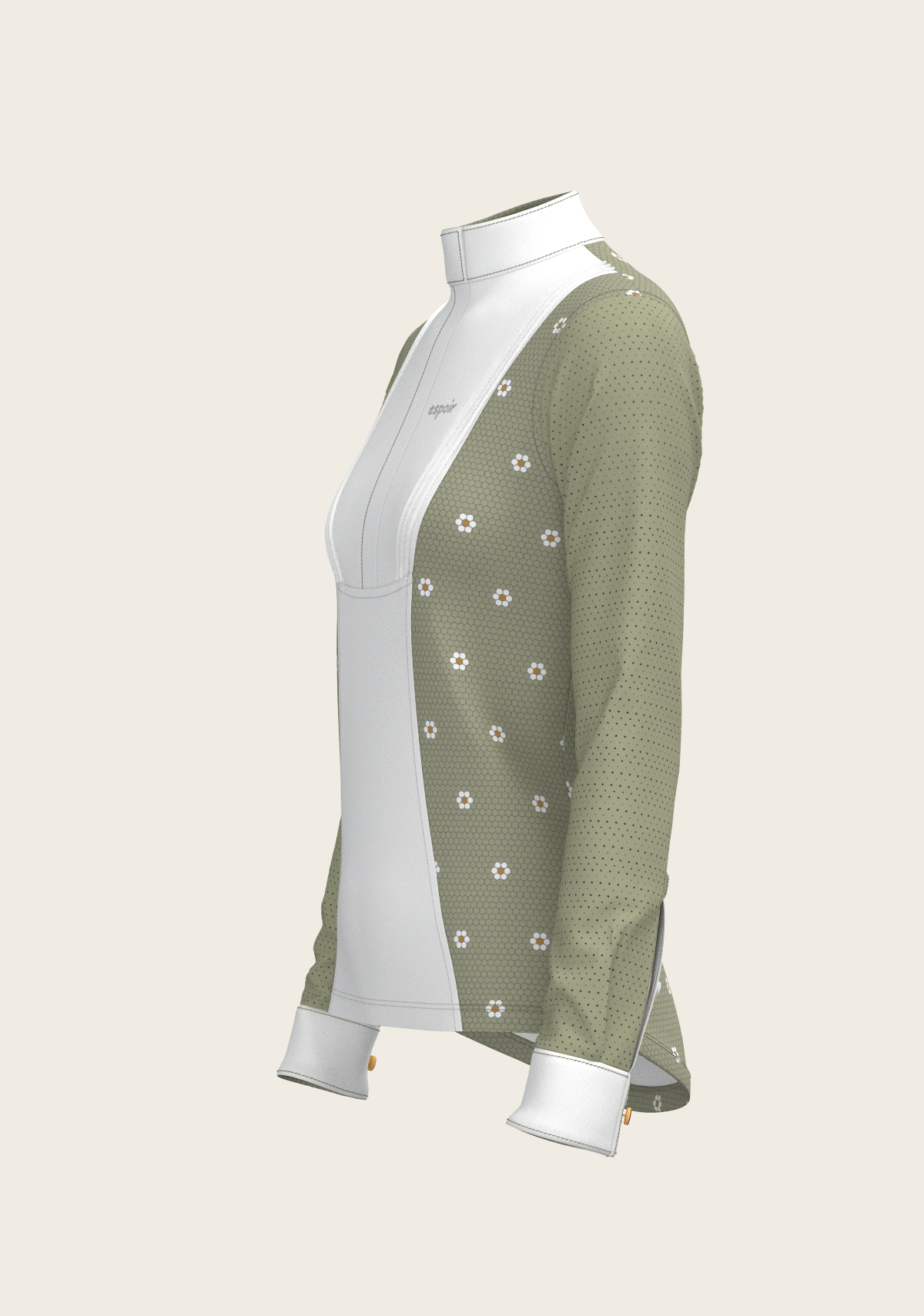 Espoir Long Sleeve Show Shirt, Mosaic Daises in Olive Short Pleated
