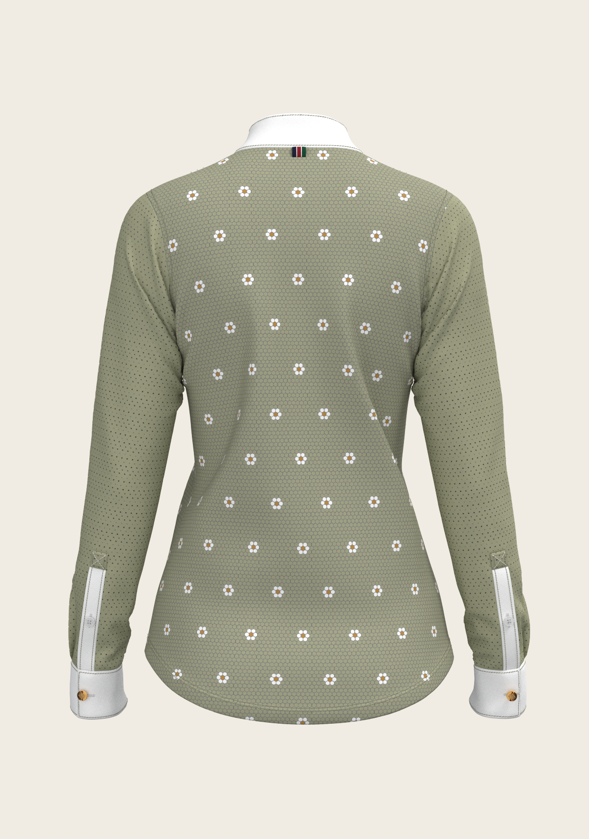 Espoir Long Sleeve Show Shirt, Mosaic Daises in Olive Short Pleated
