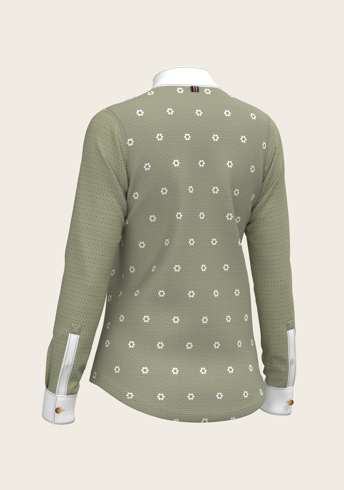 Espoir Long Sleeve Show Shirt, Mosaic Daises in Olive Short Pleated