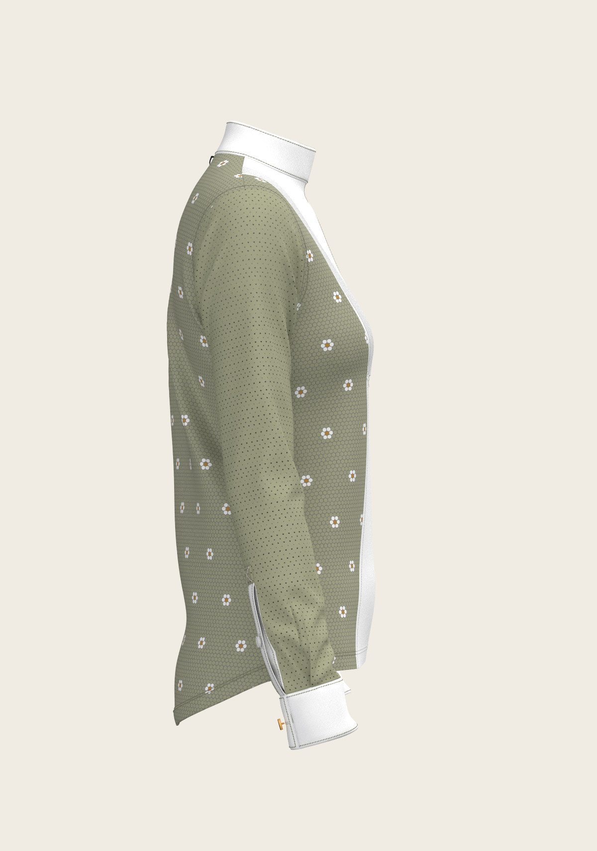 Espoir Long Sleeve Show Shirt, Mosaic Daises in Olive Short Pleated