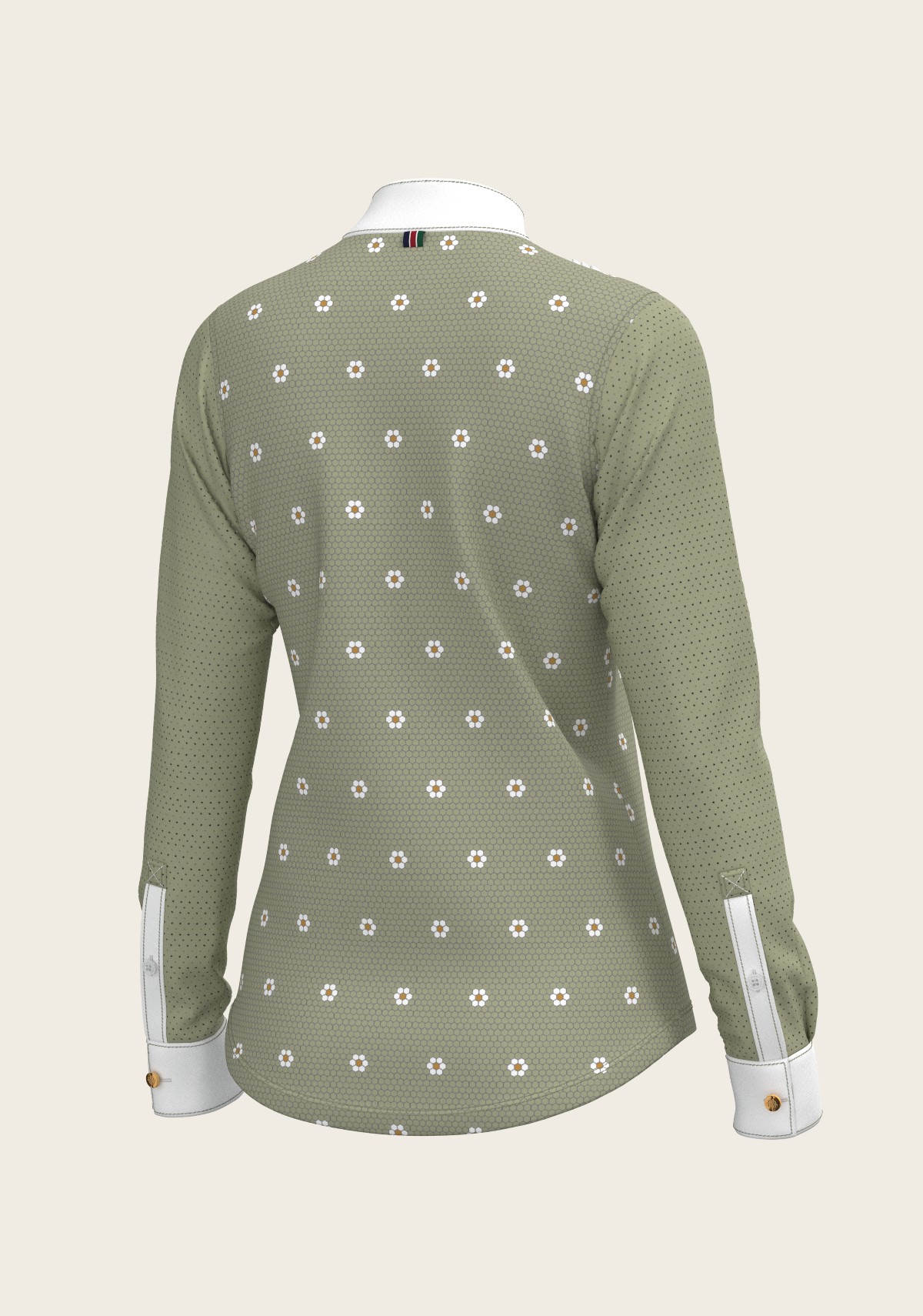 Espoir Long Sleeve Show Shirt, Mosaic Daises in Olive Short Pleated