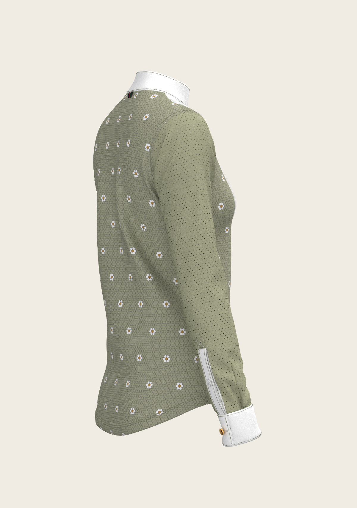 Espoir Long Sleeve Show Shirt, Mosaic Daises in Olive Short Pleated