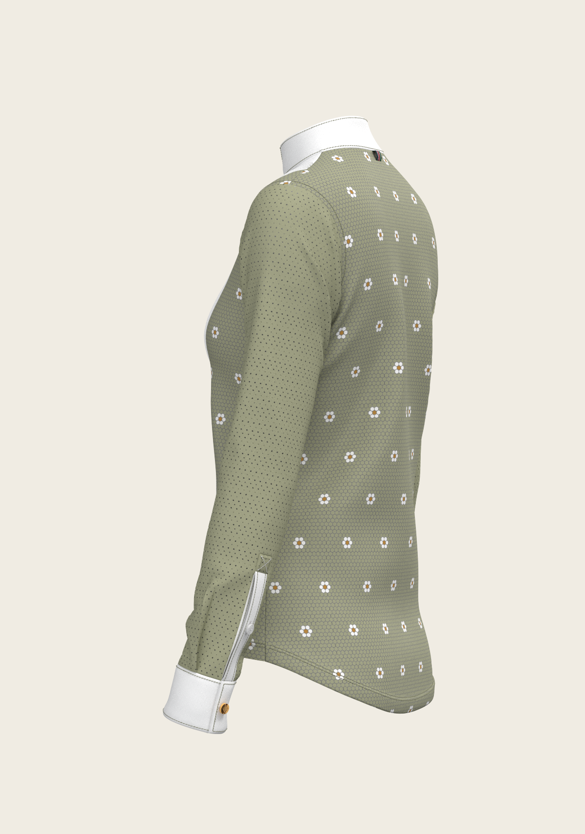Espoir Long Sleeve Show Shirt, Mosaic Daises in Olive Short Pleated