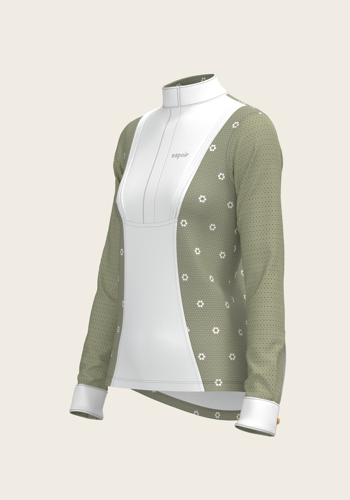 Espoir Long Sleeve Show Shirt, Mosaic Daises in Olive Short Pleated