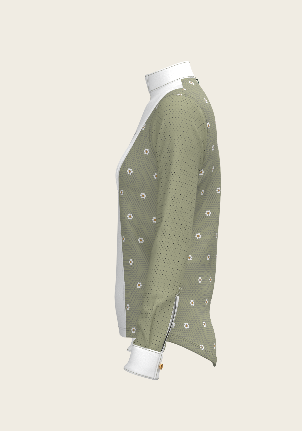 Espoir Long Sleeve Show Shirt, Mosaic Daises in Olive Short Pleated